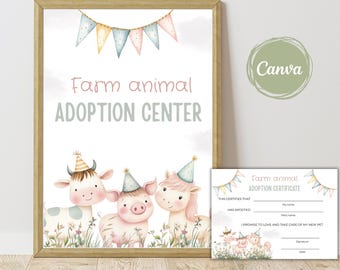 Bearbeitbar Adopt a Farm Animal Zeichen und Zertifikat, Landtier Adoption, Farm Geburtstag Aktivität Vorlage, Barnyard Geburtstag Party Decor