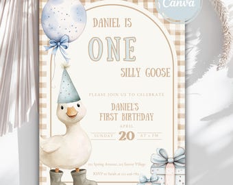 Gingham One Silly Goose Birthday Invitation,  Goose Theme Party Invite, Boy 1st Birthday Invitation Template, Beige Gingham Invite,