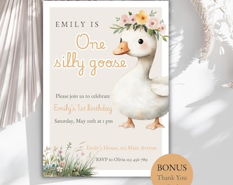May include: A light brown invitation card with a watercolor illustration of a white goose wearing a flower crown. The text on the card reads "Emily is One silly goose" and includes details for a first birthday party.