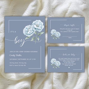 Editable Blue Hydrangea Baby Shower Invitation Suite, Floral Boy Baby Shower Invite Set, Dusty Blue Invitation, Diaper Raffle Cards