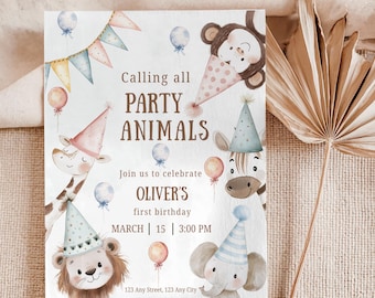 May include: A party invitation with the text "Calling all PARTY ANIMALS" and "Join us to celebrate OLIVER'S first birthday". The invitation features illustrations of a giraffe, monkey, zebra, lion, and elephant, all wearing party hats and surrounded by balloons.