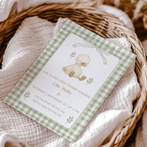 Editable Green Gingham Silly Goose Baby Shower Invitation, Gender Neutral, Green Goose Theme Baby Shower Invite, Printable Baby Goose Invite