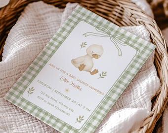 Editable Green Gingham Silly Goose Baby Shower Invitation, Gender Neutral, Green Goose Theme Baby Shower Invite, Printable Baby Goose Invite