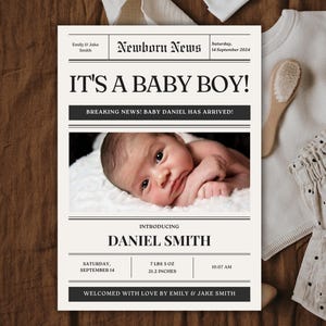 Minimalist Birth Announcement Card, Editable Newspaper Newborn Announcement Template, Baby Boy Birth Announcement, Digital Birth Announcemen