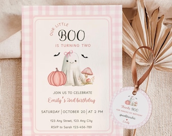 Redigerbar Halloween-födelsedagsinbjudan för flicka, rosa lilla Bu fyller två, söt spökinbjudan, kokett Halloween-festinbjudan