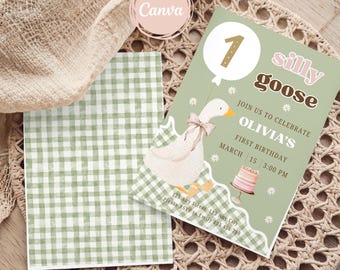 Green One Silly Goose Birthday Invitation Template, First Birthday Invite, Green Gingham, Goose Theme Birthday Party