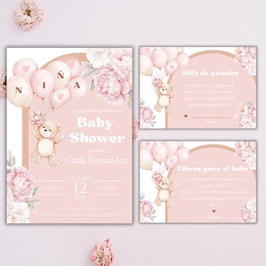 Conjunto de convites editáveis para chá de bebê em espanhol, rosa-poeira, convite de ursinho de pelúcia com balões para chá de bebê, Es Niña, cartão de rifa de fraldas