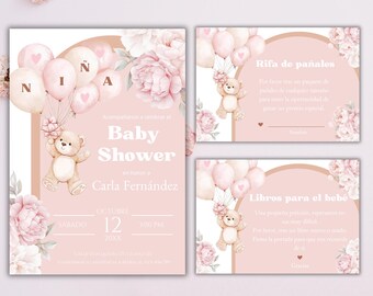 Può includere: Invito rosa per baby shower con palloncini che compongono "NINA", un orsacchiotto e decorazioni floreali. L'invito include il testo "Baby Shower" e il nome "Carla Fernández".