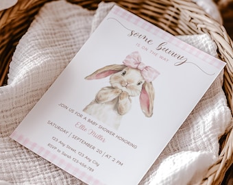 Coquette Pink Bunny Baby Shower Invitation Template, Some Bunny is on the way, Girl's Baby Sprinkle Invite, Pink Gingham Baby Shower