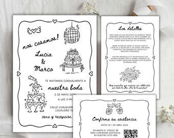 Invitaciones de Boda en Español, Moderna, handgetekende huwelijksuitnodiging in het Spaans, Nuestra Boda, grillige huwelijksuitnodigingbundel