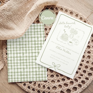 May include: A baby shower invitation with the text "Let's brunch, baby!" and details for Ellie Miller's shower. The invitation is light green with a border and illustrations of food. A green and white checkered card is also present.