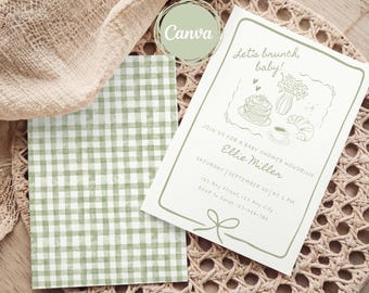 May include: A baby shower invitation with the text "Let's brunch, baby!" and details for Ellie Miller's shower. The invitation is light green with a border and illustrations of food. A green and white checkered card is also present.