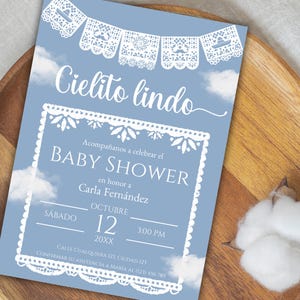 Blauwe Cielito Lindo babyshower uitnodiging in het Spaans, Mexicaans talavera thema babyshower uitnodigen, Papel Picado, digitale uitnodigingssjabloon