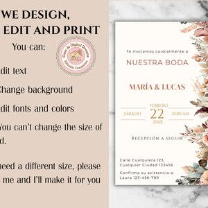K&ouml;nnte beinhalten: Eine druckbare Hochzeitseinladungsvorlage mit einem floralen Design in Rosa-, Pfirsich- und Braunt&ouml;nen. Der Text lautet "Te invitamos cordialmente a NUESTRA BODA MARIA & LUCAS FEBRERO 22 10:00 AM 20XX RECEPCI&Oacute;N A SEGUIR Calle Cualquiera 123, Cualquier Ciudad 123456 Confirma su asistencia a: Laura 123-456-789"