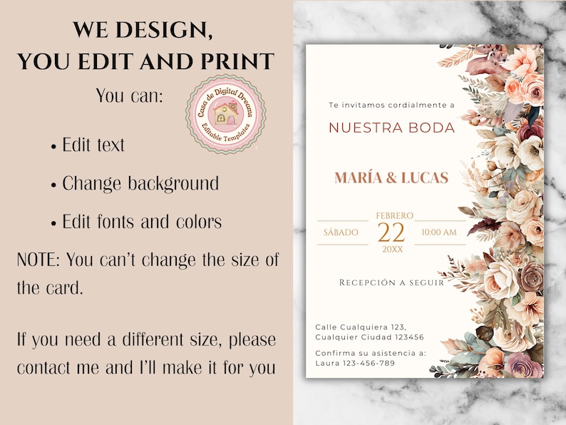K&ouml;nnte beinhalten: Eine druckbare Hochzeitseinladungsvorlage mit einem floralen Design in Rosa-, Pfirsich- und Braunt&ouml;nen. Der Text lautet "Te invitamos cordialmente a NUESTRA BODA MARIA & LUCAS FEBRERO 22 10:00 AM 20XX RECEPCI&Oacute;N A SEGUIR Calle Cualquiera 123, Cualquier Ciudad 123456 Confirma su asistencia a: Laura 123-456-789"