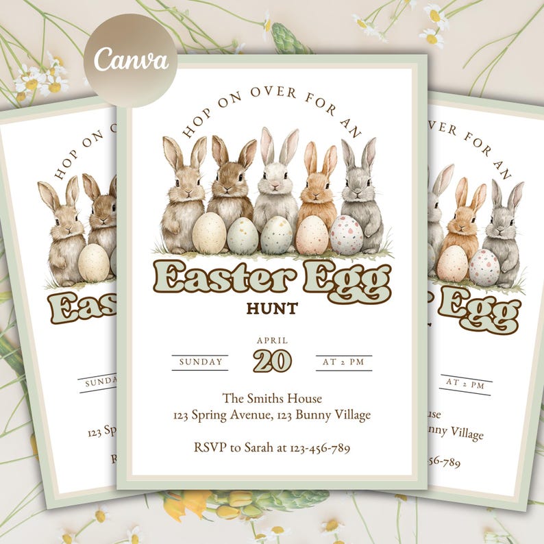 K&ouml;nnte beinhalten: Eine Einladung zu einer Ostereiersuche mit gr&uuml;nem und braunem Hintergrund. Die Einladung zeigt eine Reihe von f&uuml;nf Kaninchen, die Ostereier halten. Der Text lautet "Hop on over for an Easter Egg Hunt" mit dem Datum und der Uhrzeit des Events darunter. Das Event findet am 20. April um 13:00 Uhr im The Smiths House, 123 Spring Avenue, 123 Bunny Village statt. RSVP an Sarah unter 123-456-789.