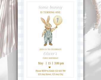 Some Bunny is One Birthday Invitation Template, Rabbit Boy 1st Birthday Invite, Rustic Bunny First Birthday Invitation, Blue Gingham