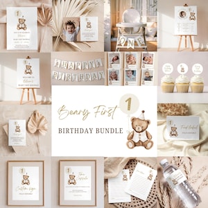 Bear 1st Birthday Bundle, Beary First Birthday Party Package, Boho Teddy Bear Birthday Invitation Pack, Teddy Bear Party Decorations, Canva