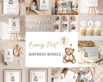 Paquete de primer cumpleaños de oso, paquete de fiesta de primer cumpleaños de oso, paquete de invitaciones de cumpleaños de oso de peluche bohemio, decoraciones para fiesta de oso de peluche, Canva
