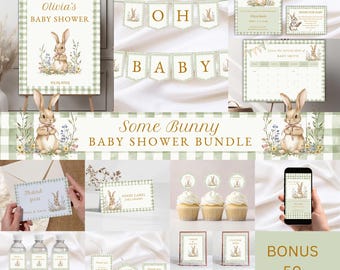 Grüner Gingham Einige Häschen-Babyparty-Einladungspaket, niedliches Häschen-Babyparty-Einladungspaket, bearbeitbare Gingham-Babypartyvorlagen, Canva