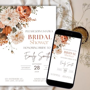 Fall Bridal Shower Invitation, Printable Terracotta Floral Bridal Shower Invite, Digital Bridal Shower Evite Template, Electronic Invitation