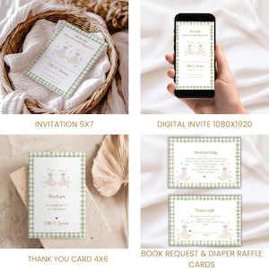 May include: A collection of baby shower stationery featuring a green gingham pattern and illustrations of geese. Includes invitations, a digital invite, thank you cards, and book request and diaper raffle cards. The text includes "He or She" and "Ellie & James".