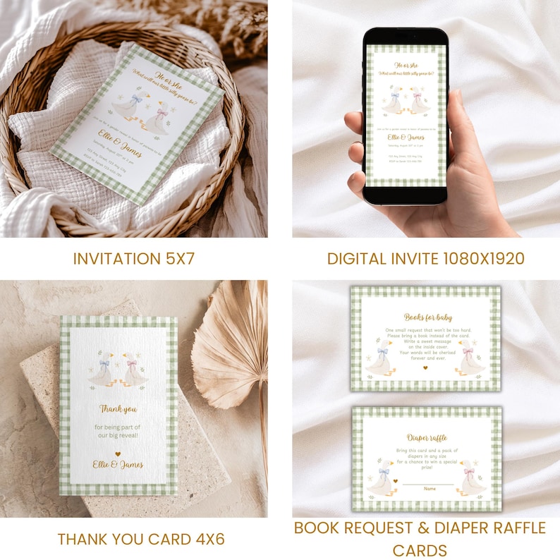 May include: A collection of baby shower stationery featuring a green gingham pattern and illustrations of geese. Includes invitations, a digital invite, thank you cards, and book request and diaper raffle cards. The text includes "He or She" and "Ellie & James".