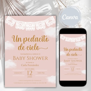Invito per baby shower Un Pedacito de Cielo rosa polvere in spagnolo, Cielito Lindo, Baby Shower a tema messicano Talavera, Invito Papel Picado