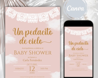 Dusty Pink Un Pedacito de Cielo Baby Shower Invitation in Spanish, Cielito Lindo, Mexican Talavera Theme Baby Shower, Papel Picado Invite