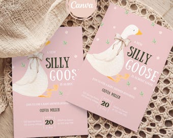 May include: Two pink baby shower invitations with a watercolor illustration of a goose and the text "A New Silly Goose is Almost Loose." The invitations include the date, time, and RSVP information.