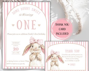 Cute Pink Bunny First Birthday Invitation, Some Bunny Sweet Birthday Invite, Bunny 1st Birthday, Some Bunny is One Invitation