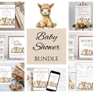Invitación de baby shower de género neutro, paquete de baby shower beige imprimible, volante de pañales, libros para bebé, letrero de baby shower, descarga instantánea