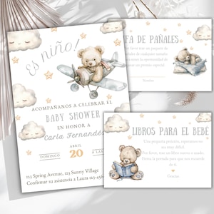 Uitnodiging babyshower en Español, Es Niño-uitnodiging, Osito, babyshowerset jongen, blauwe beer, sterren, wolken uitnodigingssjabloon