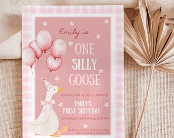 Pink One Silly Goose Birthday Invitation Template, Goose Birthday Invite, Girl 1st Birthday Invitation, Silly Goose and Daisies Invitation