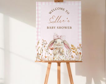 Bearbeitbares Rosa Häschen-Babyparty-Willkommensschild-Vorlage, Häschen-Thema-Babyparty, Kokett-Babyparty-Willkommensschild, etwas Häschen-Willkommensschild
