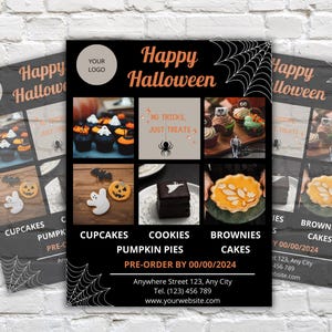 Folleto editable de panadería de Halloween, plantilla imprimible de golosinas de Halloween, folleto de repostería, impresión de venta de repostería de Halloween, descarga instantánea, Canva
