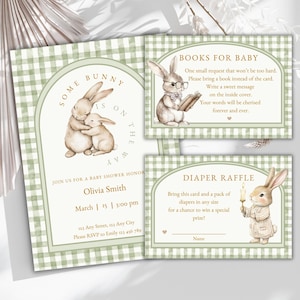 Schattige konijntje is onderweg uitnodigingsset voor babyshower met luierloterij en boekverzoekkaarten, vintage genderneutrale babyshower