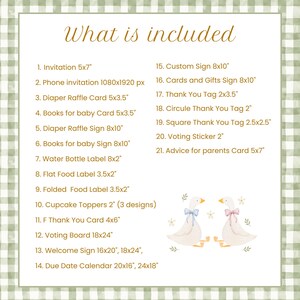 May include: A baby shower invitation suite with a green gingham background. The text "What is included" is at the top, followed by a list of items such as invitations, signs, and tags. Two cartoon geese with bows are at the bottom.