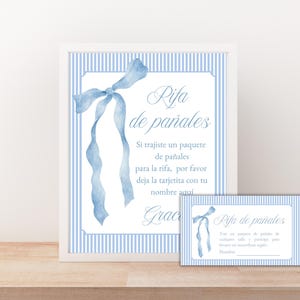 Spaanse luier loterij bord en kaarten set, stoffige blauwe strik luier loterij kaart, babyshower printables in het Spaans, bewerkbare loterijsjabloon