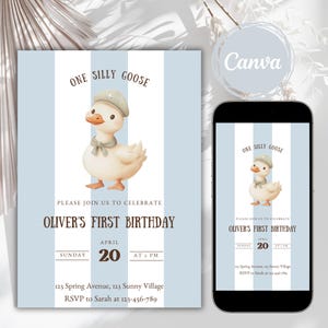 One Silly Goose First Birthday Invitation Template, Boy 1st Birthday Goose Theme, Blue Stripe Invite, First Birthday Party E-Invite
