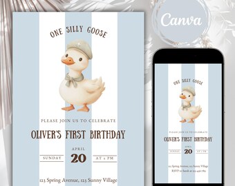 One Silly Goose First Birthday Invitation Template, Boy 1st Birthday Goose Theme, Blue Stripe Invite, First Birthday Party E-Invite