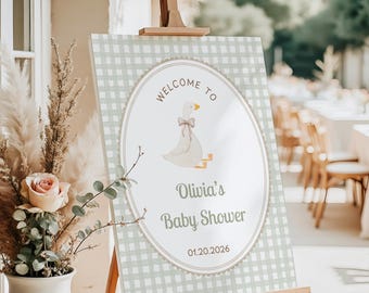 Cartello di benvenuto per baby shower "Silly Goose", a quadretti verdi, decorazione per feste a tema oca, DOWNLOAD DIGITALE