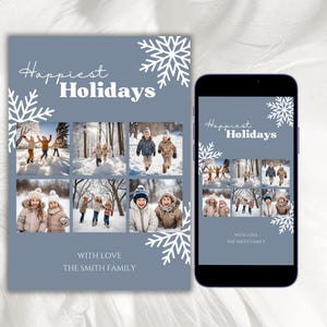 Plantilla de tarjeta fotográfica navideña azul, tarjeta fotográfica familiar imprimible, tarjeta navideña editable en Canva, tarjeta fotográfica festiva, descarga instantánea