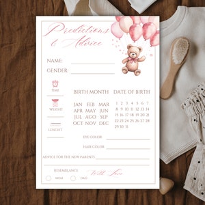 Cartes de prédiction de bébé rose, carte de conseils imprimables pour baby shower avec ours en peluche, téléchargement immédiat, jeu de shower de bébé fille, shower de bébé ours en ballon