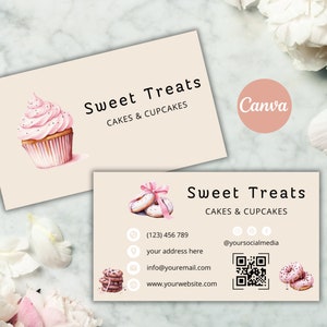 Plantilla de tarjeta de visita de panadería rosa editable, Tarjeta de visita de panadería con código QR imprimible, Marca de panadería, Tarjeta de inserción de embalaje de panadería, Canva