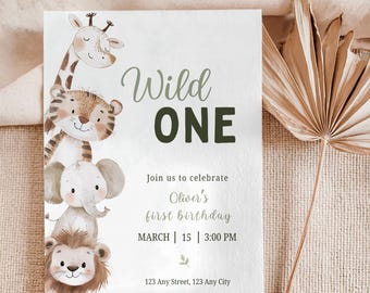 Editable Wild One Birthday Invitation, 1st Birthday Invite, Safari Theme Party Invitation, Jungle Animals Invitation