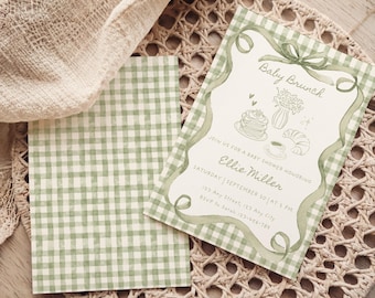 Editable Baby Brunch Invitation, Gingham Green Baby Shower Invite, Scribble Baby Sprinkle, Hand Drawn Baby Shower Invitation