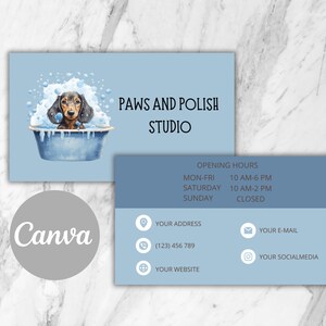 Plantilla de tarjeta de visita de peluquería canina, tarjeta de salón de perros editable, tarjeta de visita de peluquería canina azul, personalizable en Canva, tarjeta de visita para mascotas