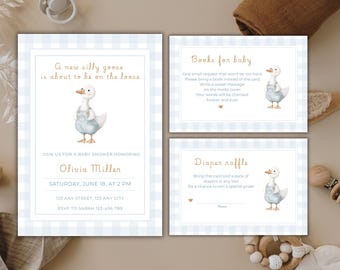 Editable Silly Goose Baby Shower Invitation, Blue Gingham, A New Silly Goose Invite Set, Silly Goose Diaper Raffle, Boy Baby Shower Template