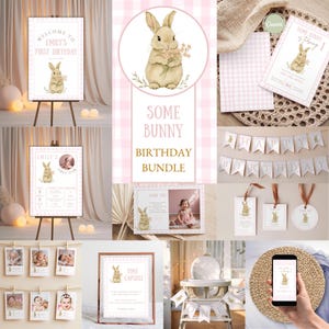 Some Bunny Birthday Bundle, Girl 1st Birthday Party Package, Pink Gingham Invitation Bundle, Cute Bunny Party Decor, Some Bunny is turning 1